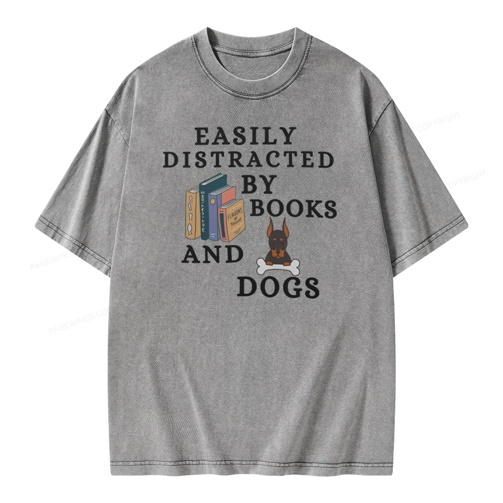 Pagewings Easily Distracted By Books And Dogs Unisex Washed T-shirt