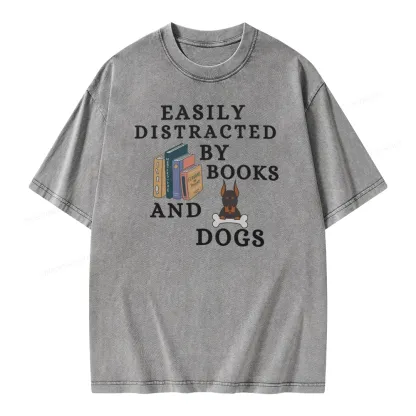 Pagewings Easily Distracted By Books And Dogs Unisex Washed T-shirt