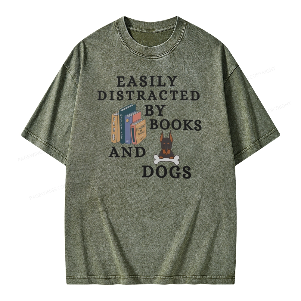 Pagewings Easily Distracted By Books And Dogs Unisex Washed T-shirt