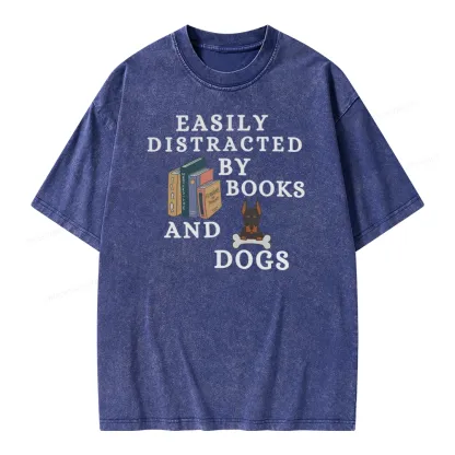 Pagewings Easily Distracted By Books And Dogs Unisex Washed T-shirt
