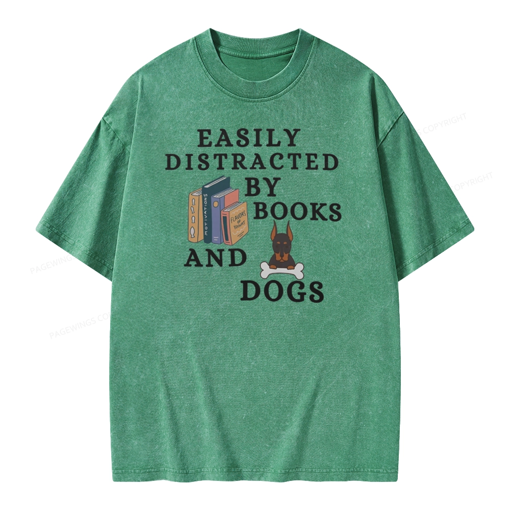 Pagewings Easily Distracted By Books And Dogs Unisex Washed T-shirt