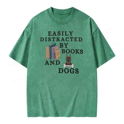 Pagewings Easily Distracted By Books And Dogs Unisex Washed T-shirt