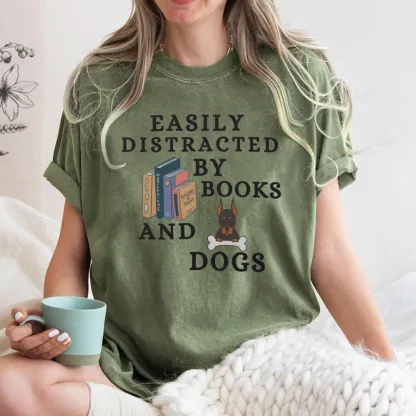 Pagewings Easily Distracted By Books And Dogs Unisex Washed T-shirt