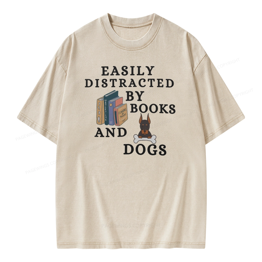 Pagewings Easily Distracted By Books And Dogs Unisex Washed T-shirt
