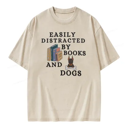 Pagewings Easily Distracted By Books And Dogs Unisex Washed T-shirt