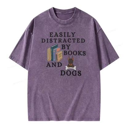 Pagewings Easily Distracted By Books And Dogs Unisex Washed T-shirt