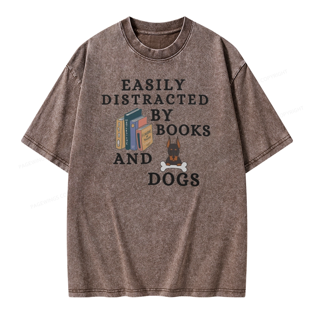 Pagewings Easily Distracted By Books And Dogs Unisex Washed T-shirt
