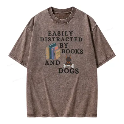 Pagewings Easily Distracted By Books And Dogs Unisex Washed T-shirt