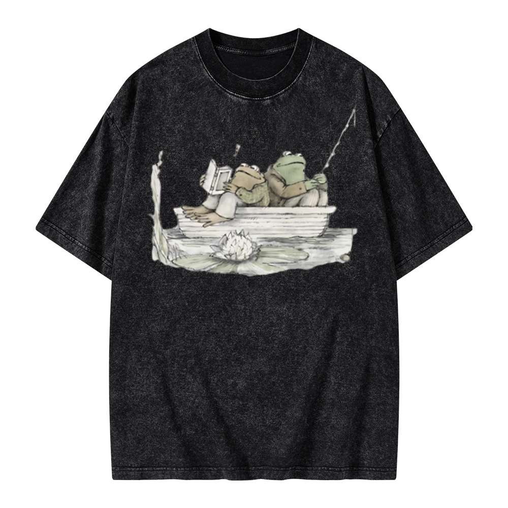 Pagewings Frog Reading Unisex Washed T-shirt