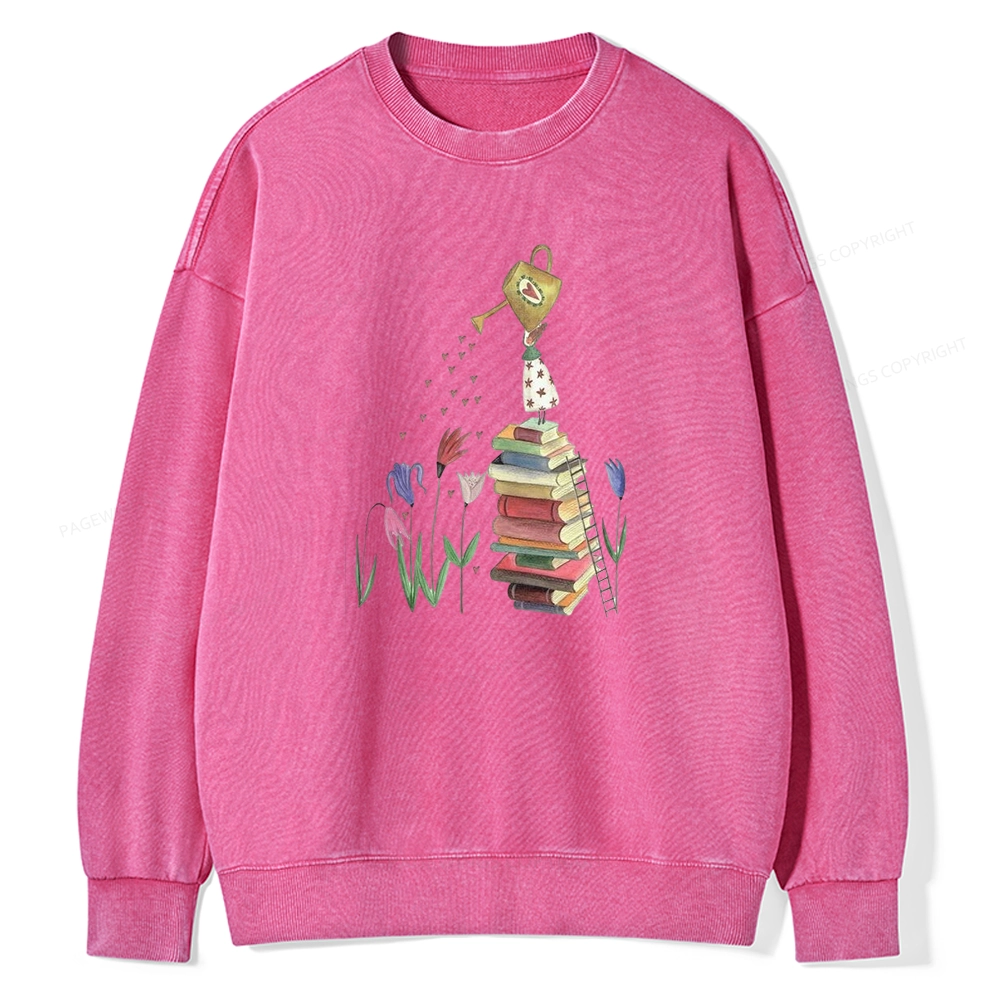 Pagewings Reading Girl Waters Flowers Unisex Washed Sweatshirt