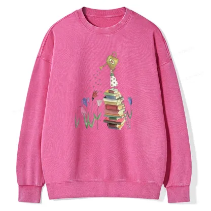 Pagewings Reading Girl Waters Flowers Unisex Washed Sweatshirt