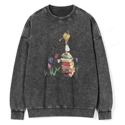 Pagewings Reading Girl Waters Flowers Unisex Washed Sweatshirt
