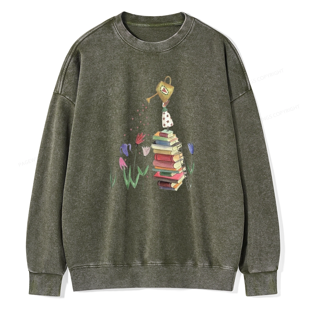 Pagewings Reading Girl Waters Flowers Unisex Washed Sweatshirt