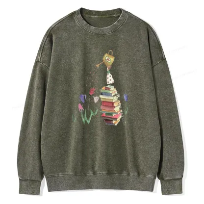 Pagewings Reading Girl Waters Flowers Unisex Washed Sweatshirt