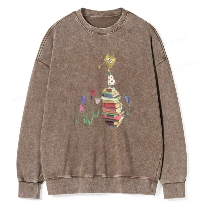 Pagewings Reading Girl Waters Flowers Unisex Washed Sweatshirt