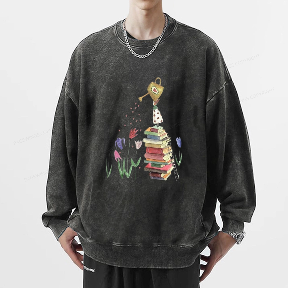 Pagewings Reading Girl Waters Flowers Unisex Washed Sweatshirt