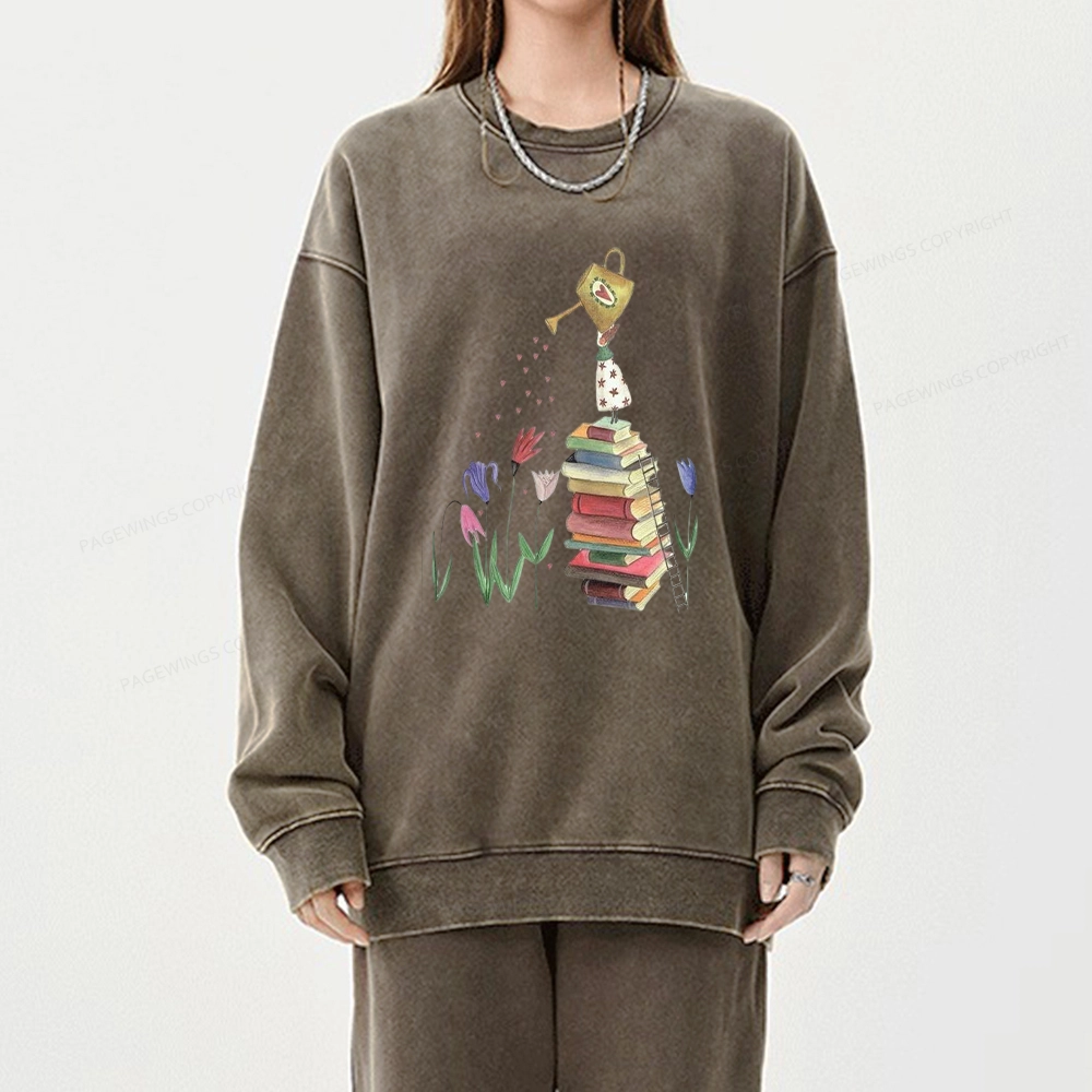 Pagewings Reading Girl Waters Flowers Unisex Washed Sweatshirt