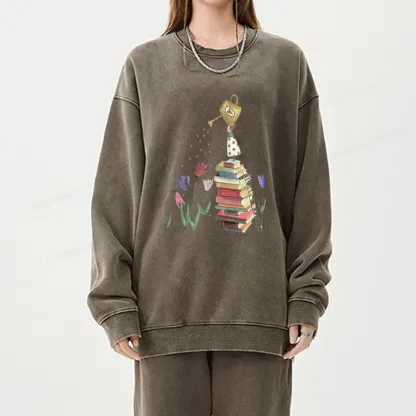 Pagewings Reading Girl Waters Flowers Unisex Washed Sweatshirt