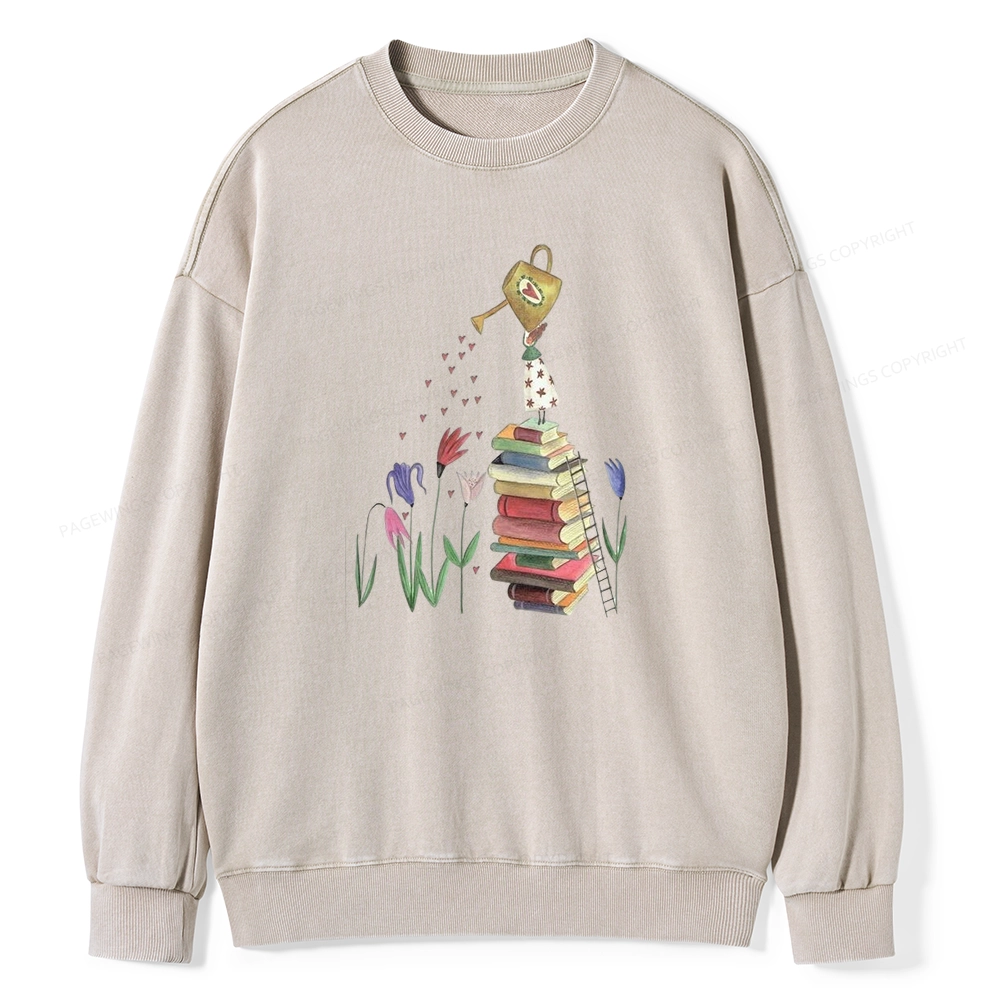 Pagewings Reading Girl Waters Flowers Unisex Washed Sweatshirt