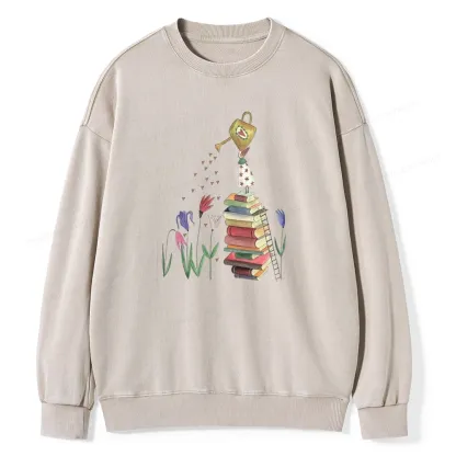 Pagewings Reading Girl Waters Flowers Unisex Washed Sweatshirt