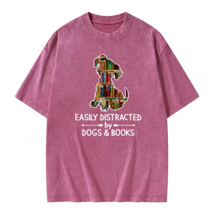 Pagewings Easily Distracted By Dogs And Books Unisex Washed T-shirt