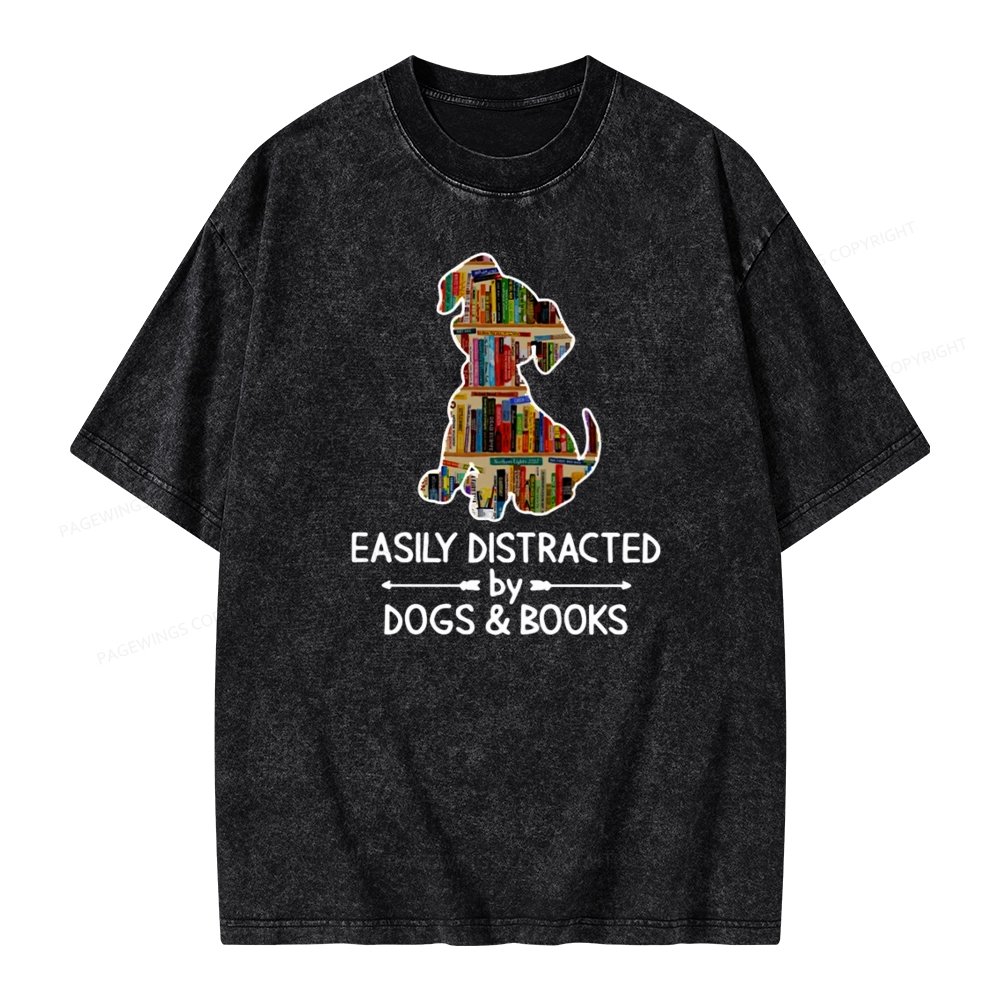 Pagewings Easily Distracted By Dogs And Books Unisex Washed T-shirt