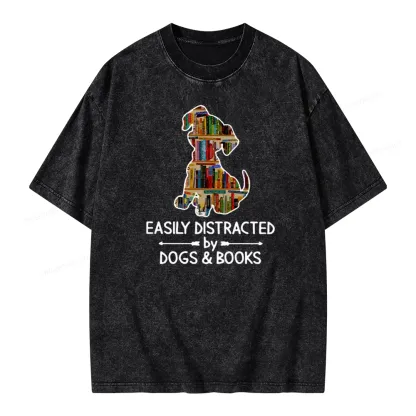 Pagewings Easily Distracted By Dogs And Books Unisex Washed T-shirt