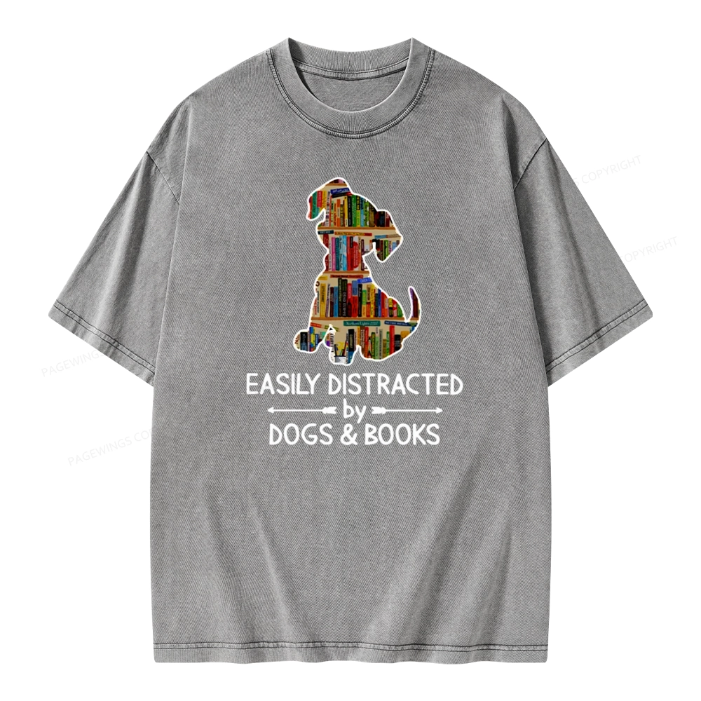Pagewings Easily Distracted By Dogs And Books Unisex Washed T-shirt