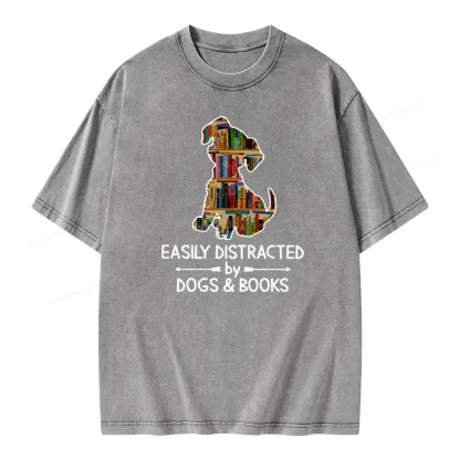 Pagewings Easily Distracted By Dogs And Books Unisex Washed T-shirt