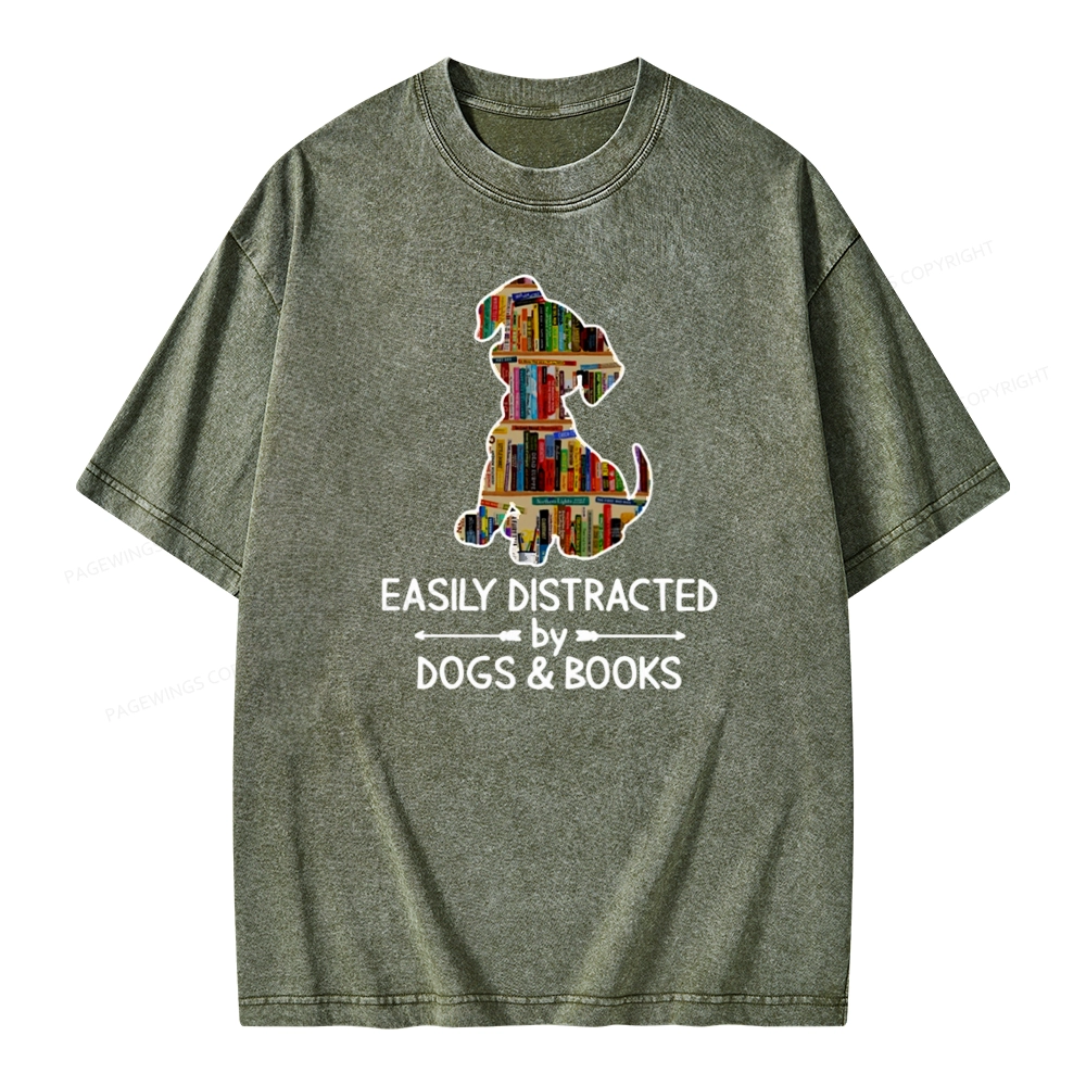 Pagewings Easily Distracted By Dogs And Books Unisex Washed T-shirt