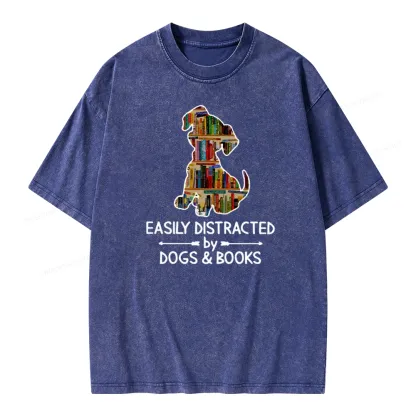 Pagewings Easily Distracted By Dogs And Books Unisex Washed T-shirt