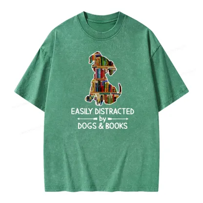 Pagewings Easily Distracted By Dogs And Books Unisex Washed T-shirt