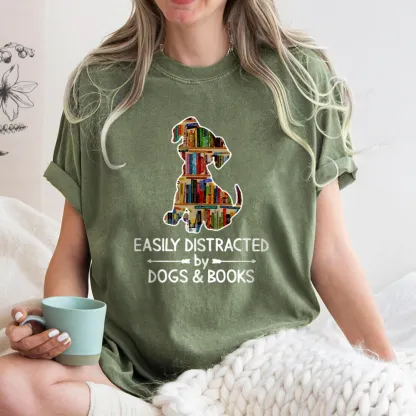 Pagewings Easily Distracted By Dogs And Books Unisex Washed T-shirt