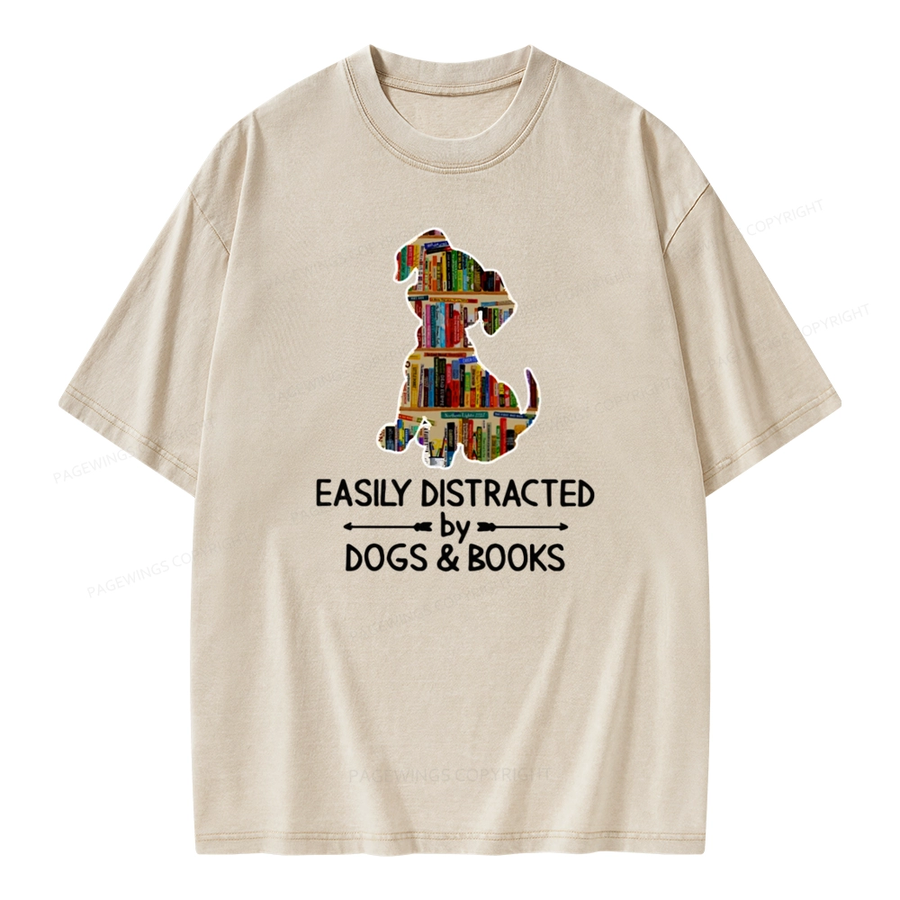 Pagewings Easily Distracted By Dogs And Books Unisex Washed T-shirt