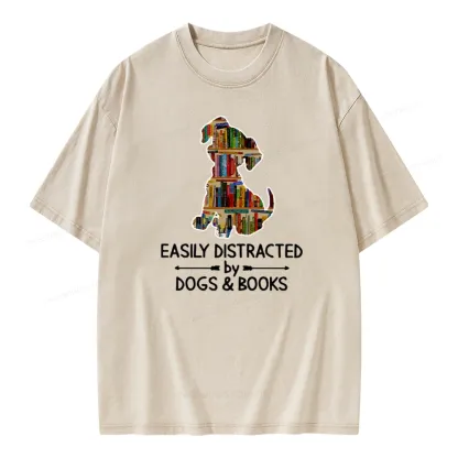 Pagewings Easily Distracted By Dogs And Books Unisex Washed T-shirt