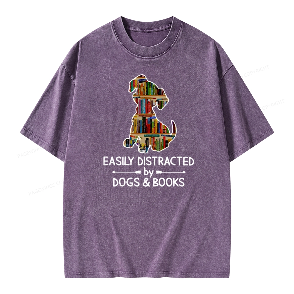 Pagewings Easily Distracted By Dogs And Books Unisex Washed T-shirt