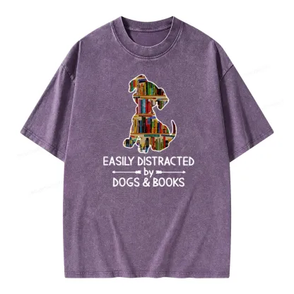 Pagewings Easily Distracted By Dogs And Books Unisex Washed T-shirt