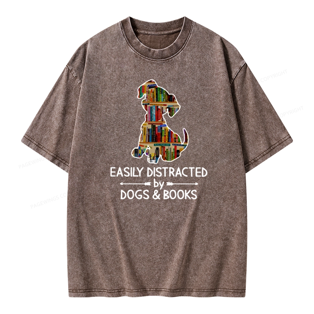 Pagewings Easily Distracted By Dogs And Books Unisex Washed T-shirt