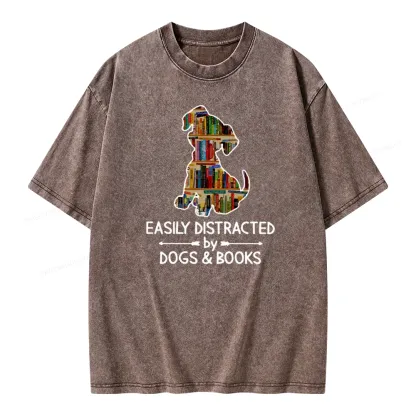 Pagewings Easily Distracted By Dogs And Books Unisex Washed T-shirt