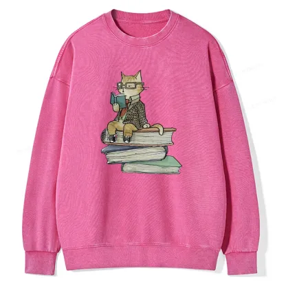 Pagewings Reading Cat Unisex Washed Sweatshirt