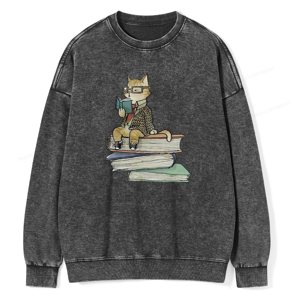 Pagewings Reading Cat Unisex Washed Sweatshirt