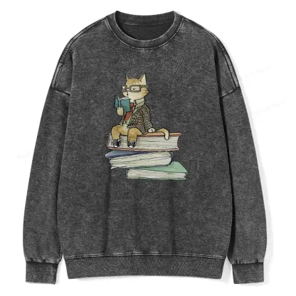 Pagewings Reading Cat Unisex Washed Sweatshirt