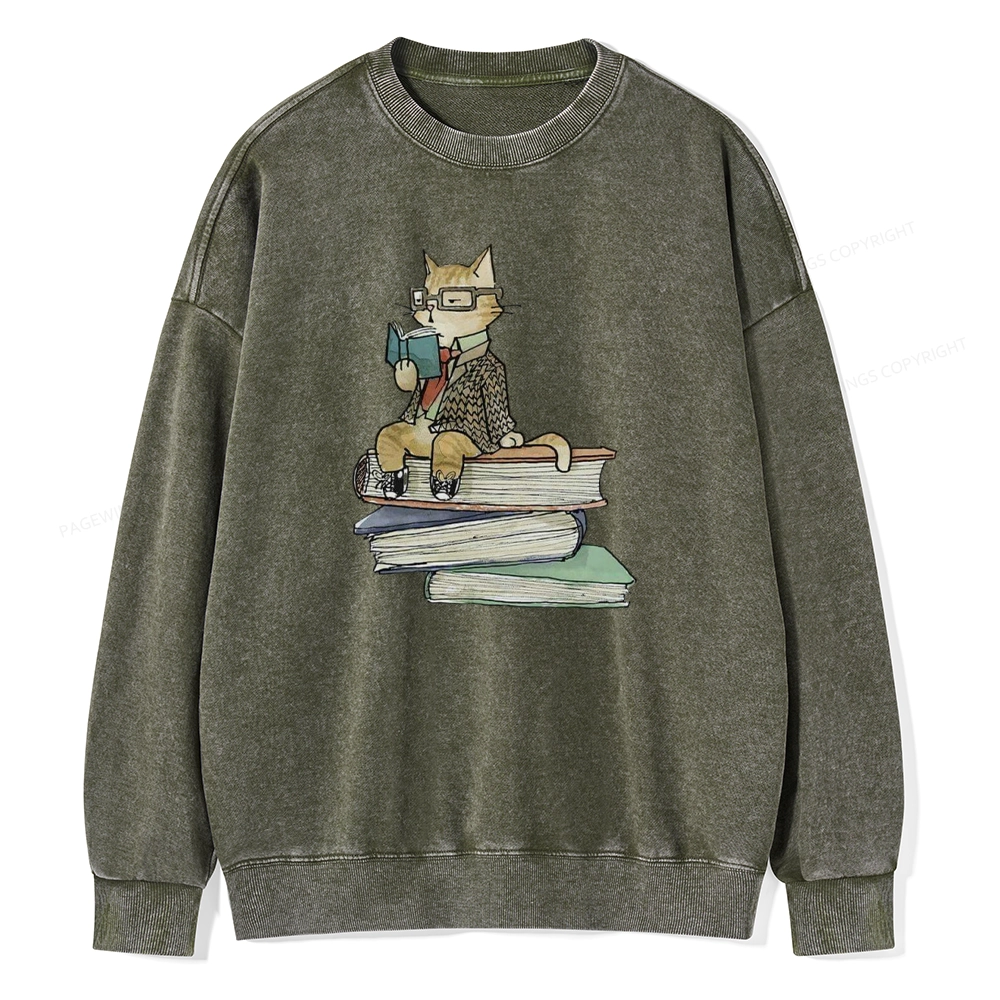 Pagewings Reading Cat Unisex Washed Sweatshirt