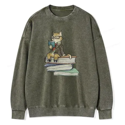 Pagewings Reading Cat Unisex Washed Sweatshirt