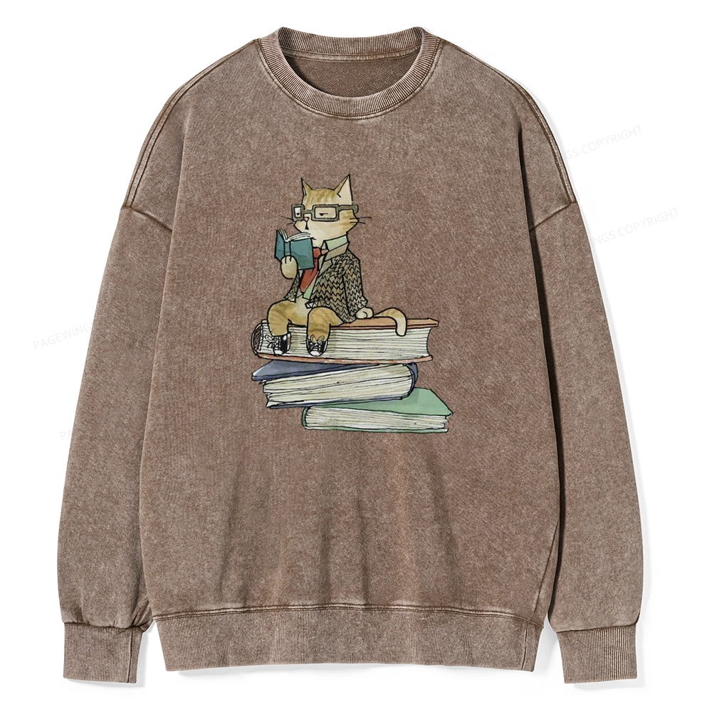 Pagewings Reading Cat Unisex Washed Sweatshirt
