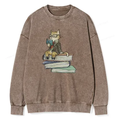 Pagewings Reading Cat Unisex Washed Sweatshirt