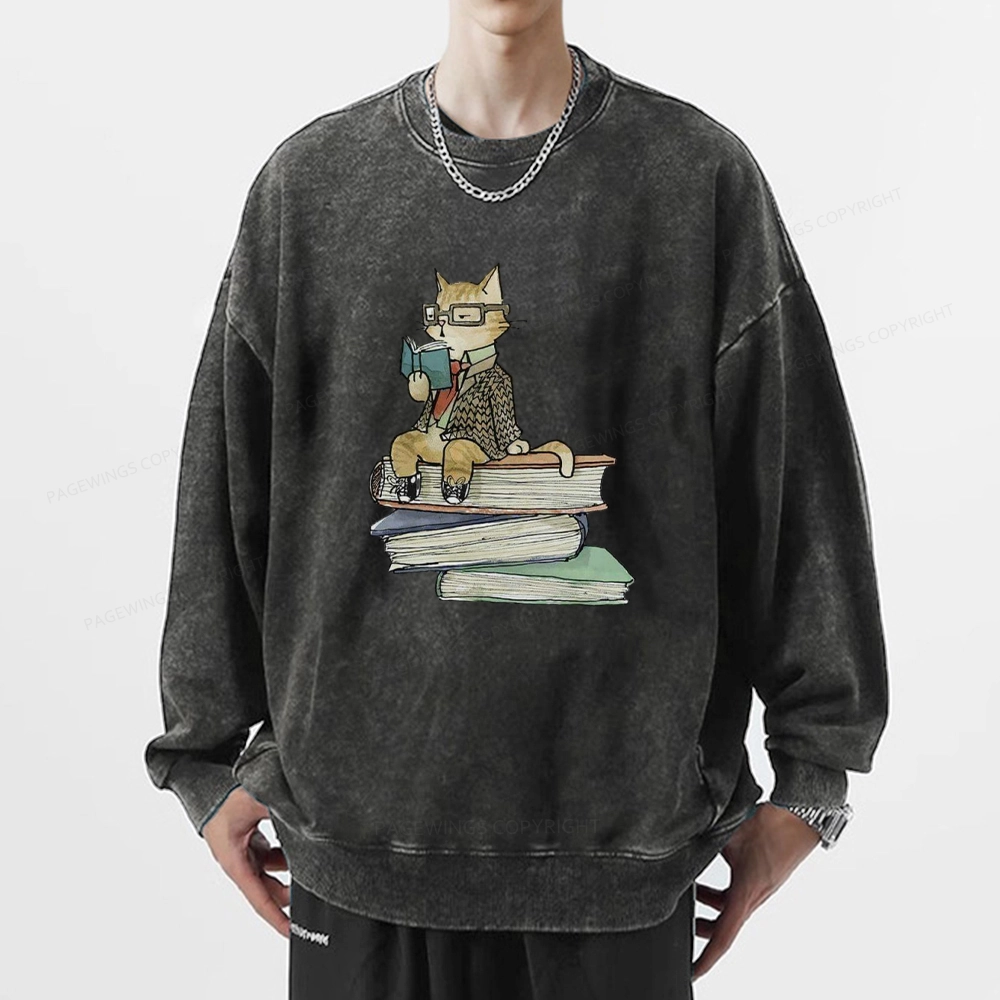 Pagewings Reading Cat Unisex Washed Sweatshirt