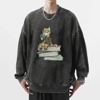 Pagewings Reading Cat Unisex Washed Sweatshirt