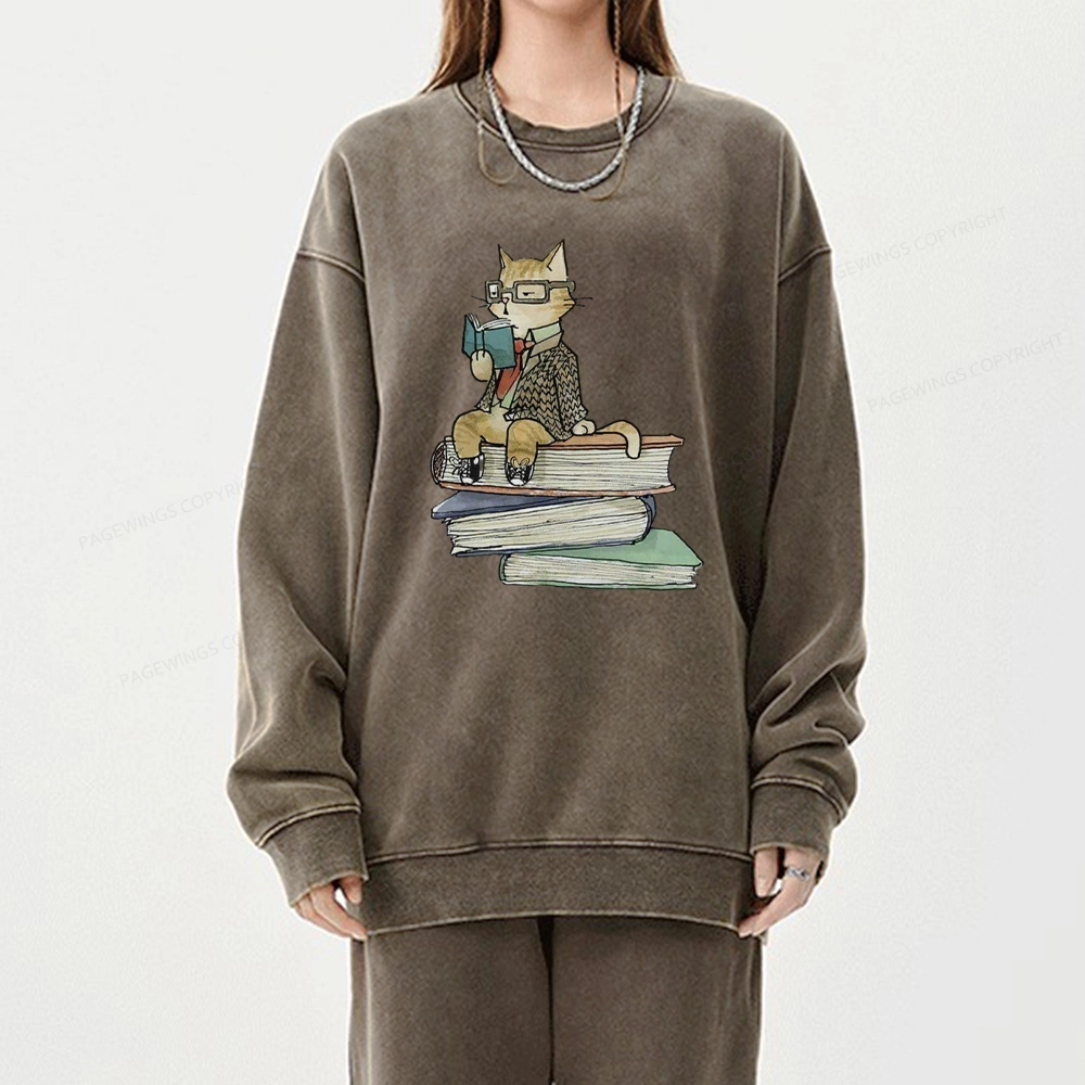 Pagewings Reading Cat Unisex Washed Sweatshirt