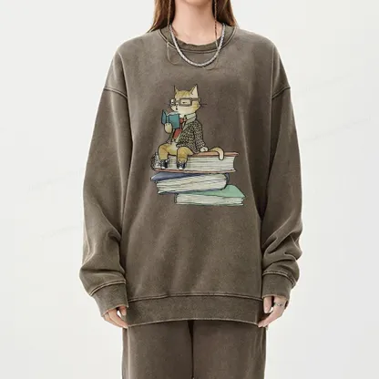 Pagewings Reading Cat Unisex Washed Sweatshirt